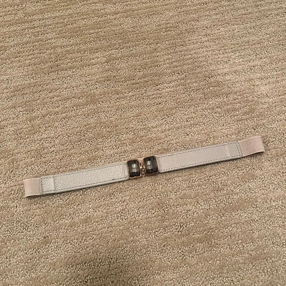 Elise M. Cream Leather Elastic Belt with Gold Gem Buckle